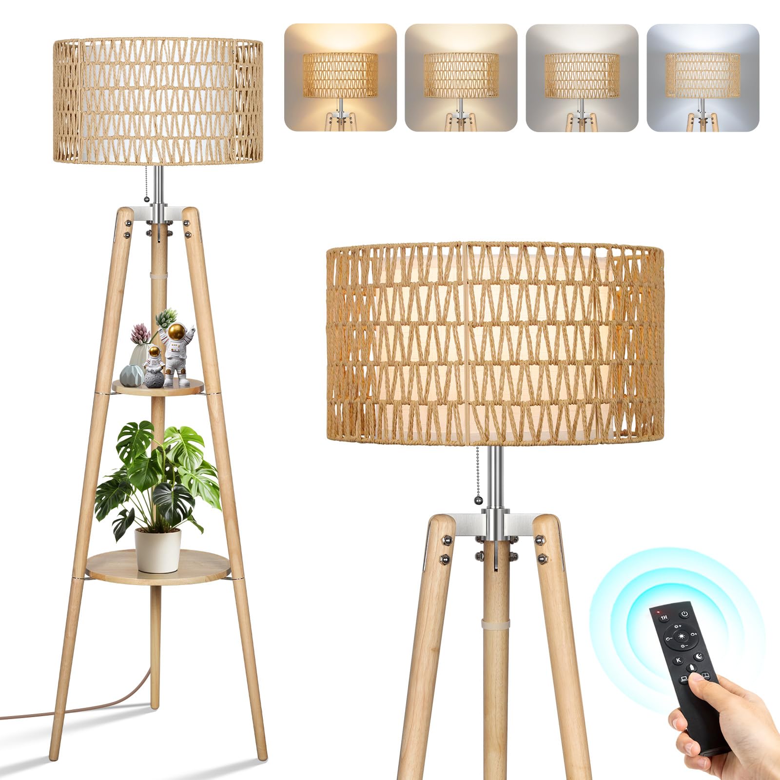 OUTON Wood Tripod Floor Lamp with Rattan & Linen Double Shades, Dimmable & Adjustable Color Temperature, Farmhouse Standing Lamp with Remote, Boho Floor Lamp with Shelves for Living Room, Bedroom