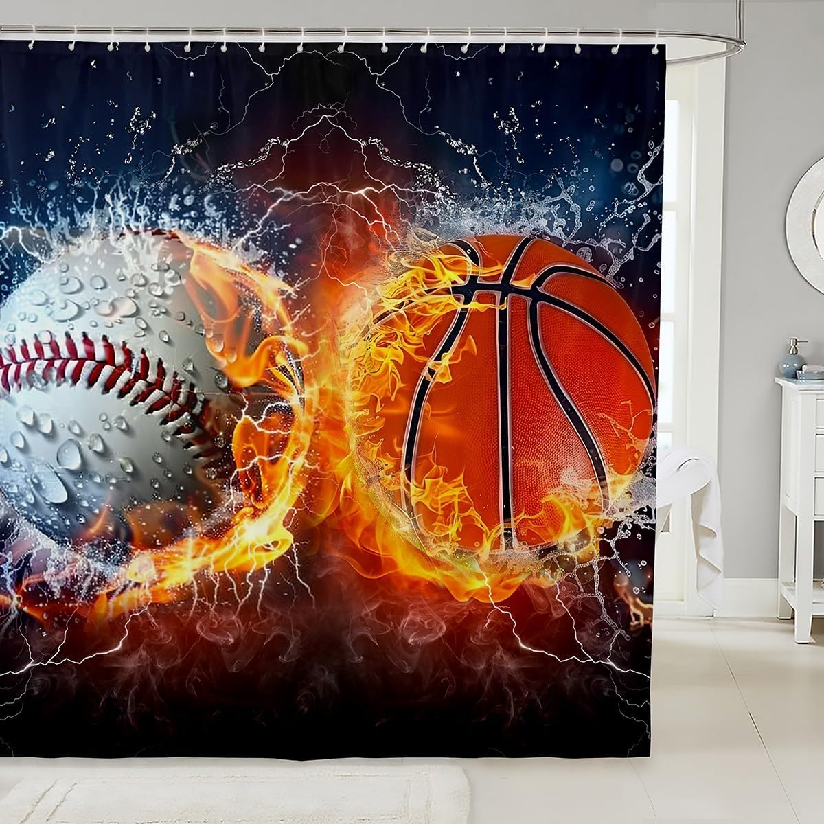 Baseball Basketball Shower Curtains,Ice Fire Collision Bathroom Curtains for Kids Teens Boys,Extreme Ball Sports Game Waterproof Bath Curtains,with 12 Hooks Suits for Bathtub, 72" W x 84" L,Modern