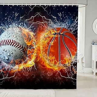 Baseball Basketball Shower Curtains,Ice Fire Collision Bathroom Curtains for Kids Teens Boys,Extreme Ball Sports Game Waterproof Bath Curtains,with 12 Hooks Suits for Bathtub, 72" W x 72" L,Modern