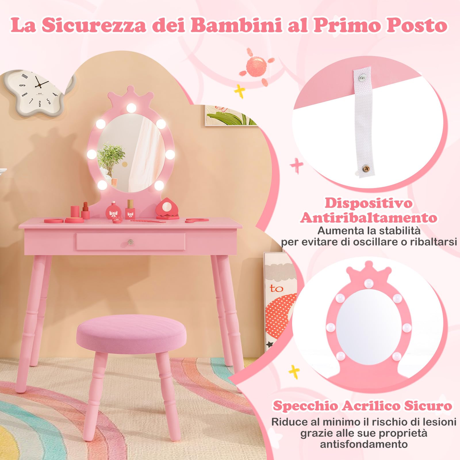 RELAX4LIFE Toeletta Trucco per Bambina con 7 Lampadine LED, 3 Colori di Luci, Specchiera Trucco con Sgabello, Toeletta in Legno, Specchio Rimovibile, per Bambini 3-7 Anni (Rosa)