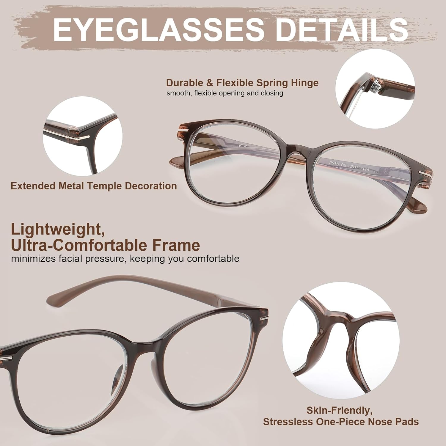 Distinctive Progressive Multifocus Reading Glasses Women, Retro Lady Anti Blue Light/Eye Fatigue Computer Reader, Vintage Round Frame No-Line Multifocal Eyeglasses (Brown&Apricot, 0.0x)