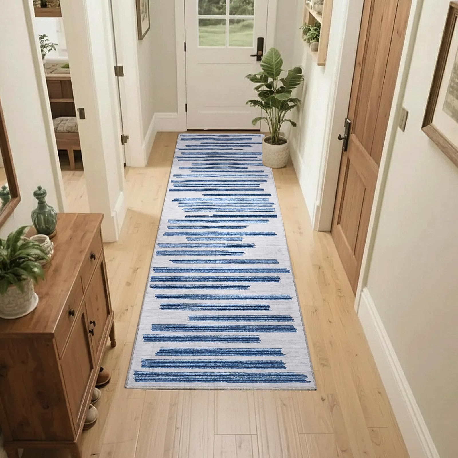 GarveeHome Blue 2x6 Runner Rug for Hallway: Modern Striped Non Slip Hallway Washable Runner Rug Low Pile Non-Slip Washable Carpet for Kitchen Striped Modern Soft Stain Resistant Carpet.