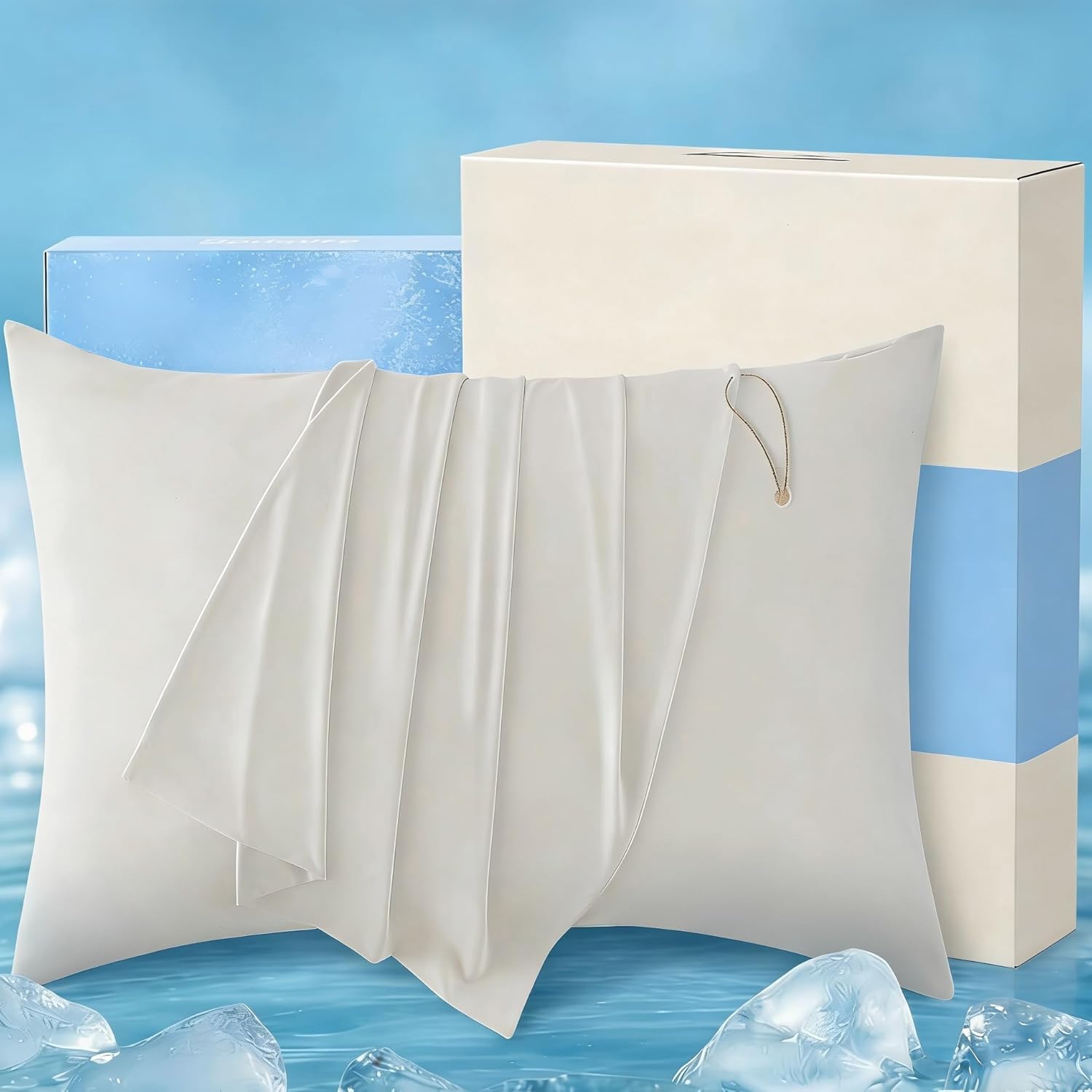 Bedsure Cooling Pillow Cases Bundle Cooling Fitted Sheet King Size for Hot Sleepers Night Sweats, Silky Cold Pillow Covers 20" x 36", King Fitted Sheet Only with 360° Elastic Band, 16" Deep, Beige