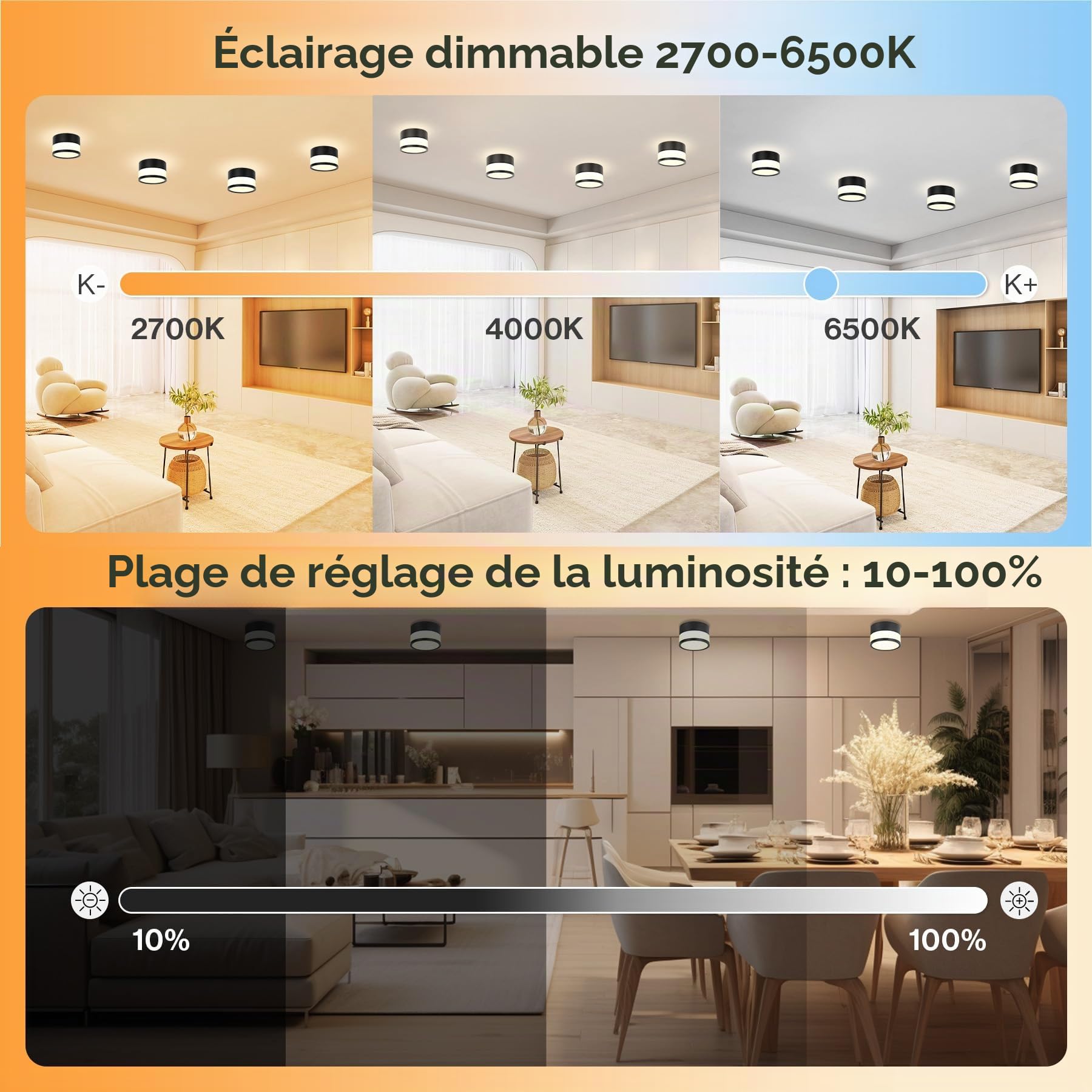 4x Spot LED Surface Dimmable, IP65 Plafonnier Spot avec Télécommande APP, 12W Spots de Plafond Noir 2700K-6500K Spot Plat Surface Aluminium 220V Rond Plafonnier Salle de Bain, Ø109mm
