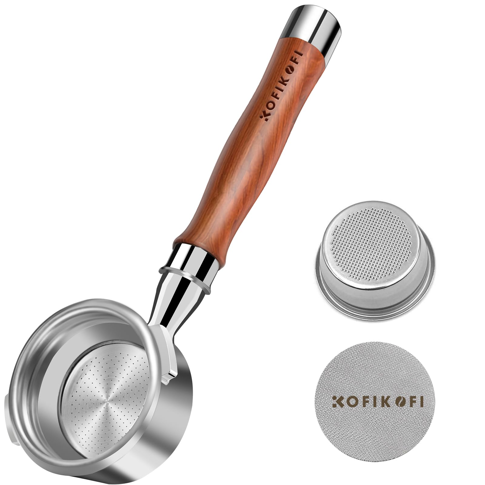 KOFIKOFI 58mm Bottomless Portafilter 2 Ears for Gaggia Classic/Pro/Evo Pro Espresso Machines, Rosewood Naked Portafilter with Puck Screen and Filter Basket — image 1