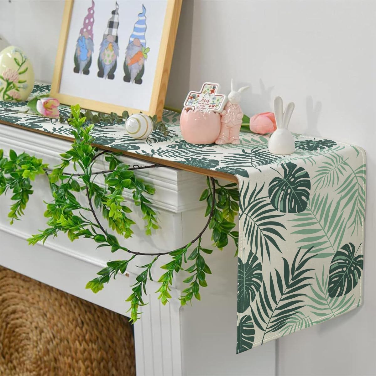 Tischläufer Kurz 140 x 40 Grün Modern Outdoor Tischläufer Wetterfest Washable Läufer Tisch Pflanzen Blattmuster Dresser Runner Landhausstil Tischdeko für Wohnzimmer Esszimmer Party Küche, Haushalt & Wohnen