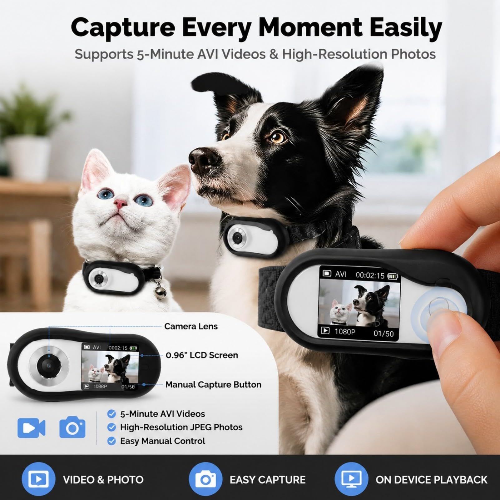 2026 Neue Katzen Kamera Halsband, 1080P 170° Weitwinkel Katzen Kamera, HD USB Wiederaufladbar, Verstellbares Haustierkamerahalsband für Hunde und Katzen