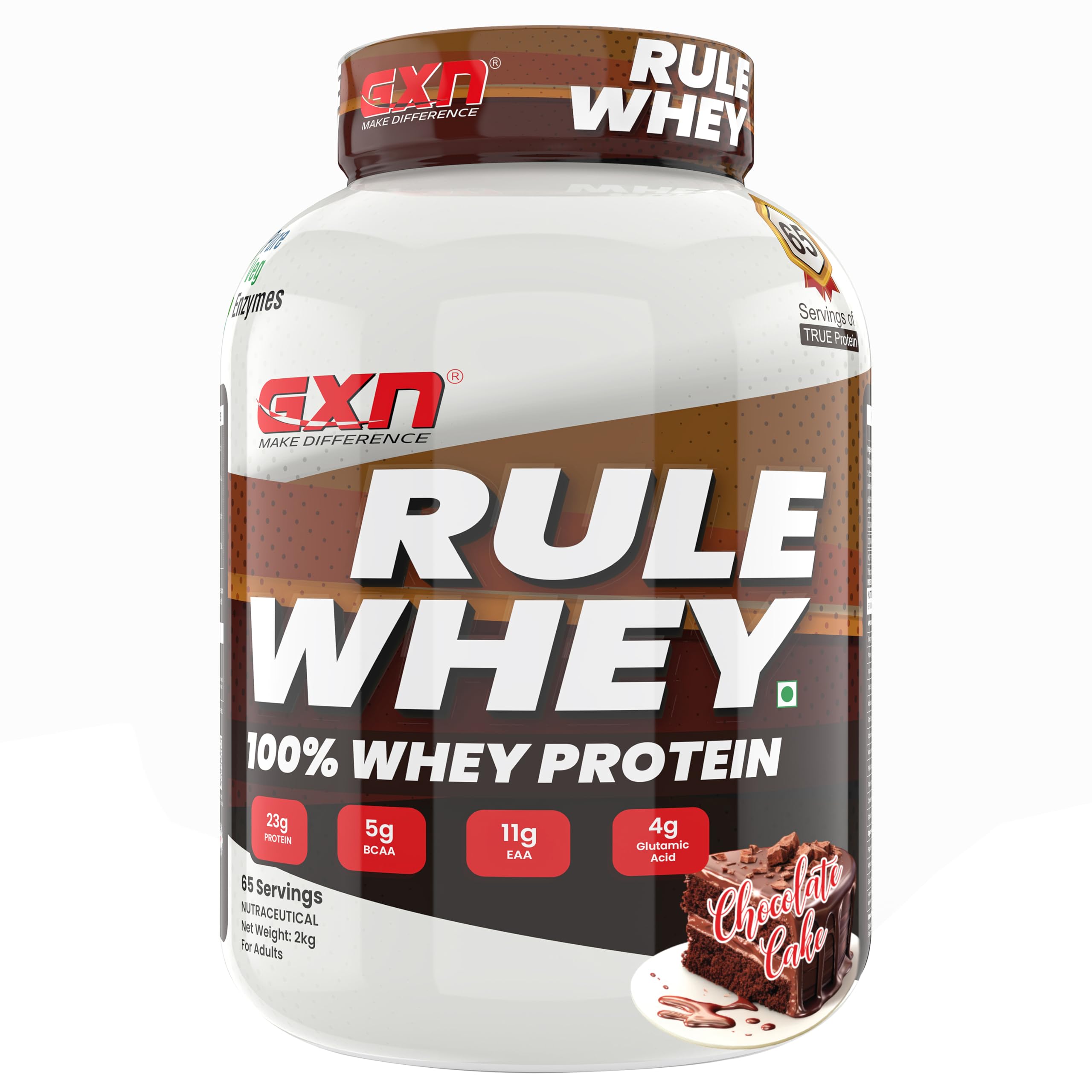 GXN Rule Whey Protein Powder 2 kg | 23g Protein | Whey Protein Isolate, Hydrolysate & Concentrate | Chocolate Cake | With Added Veg Digestive Enzymes To Support Digestion | 65 Servings