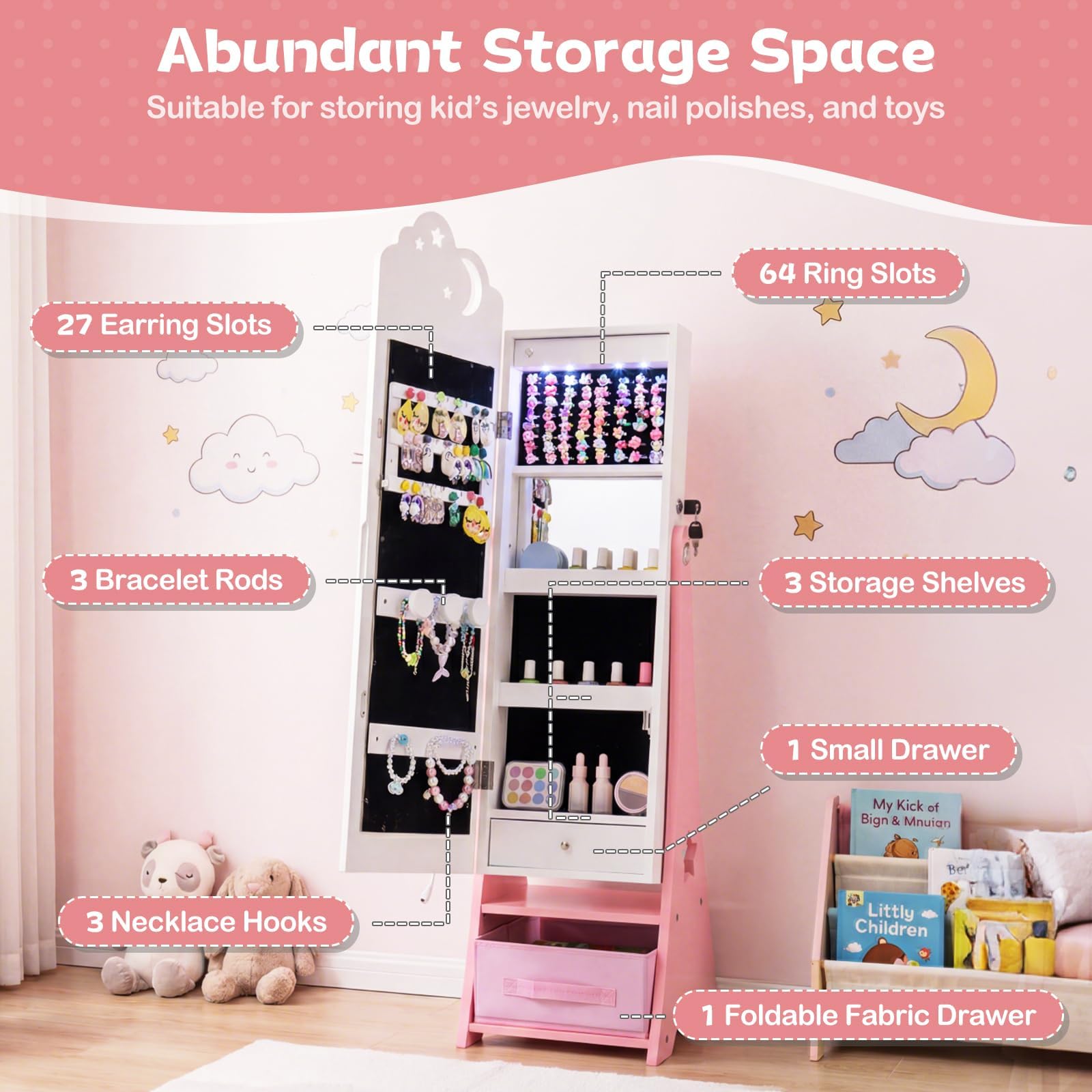 FANTASK Armoire à bijoux pour enfants - Armoire miroir avec éclairage LED et miroir complet - Verrouillable - Organiseur de bijoux inclinable avec miroir intérieur et tiroirs - Pour chambre d'enfant