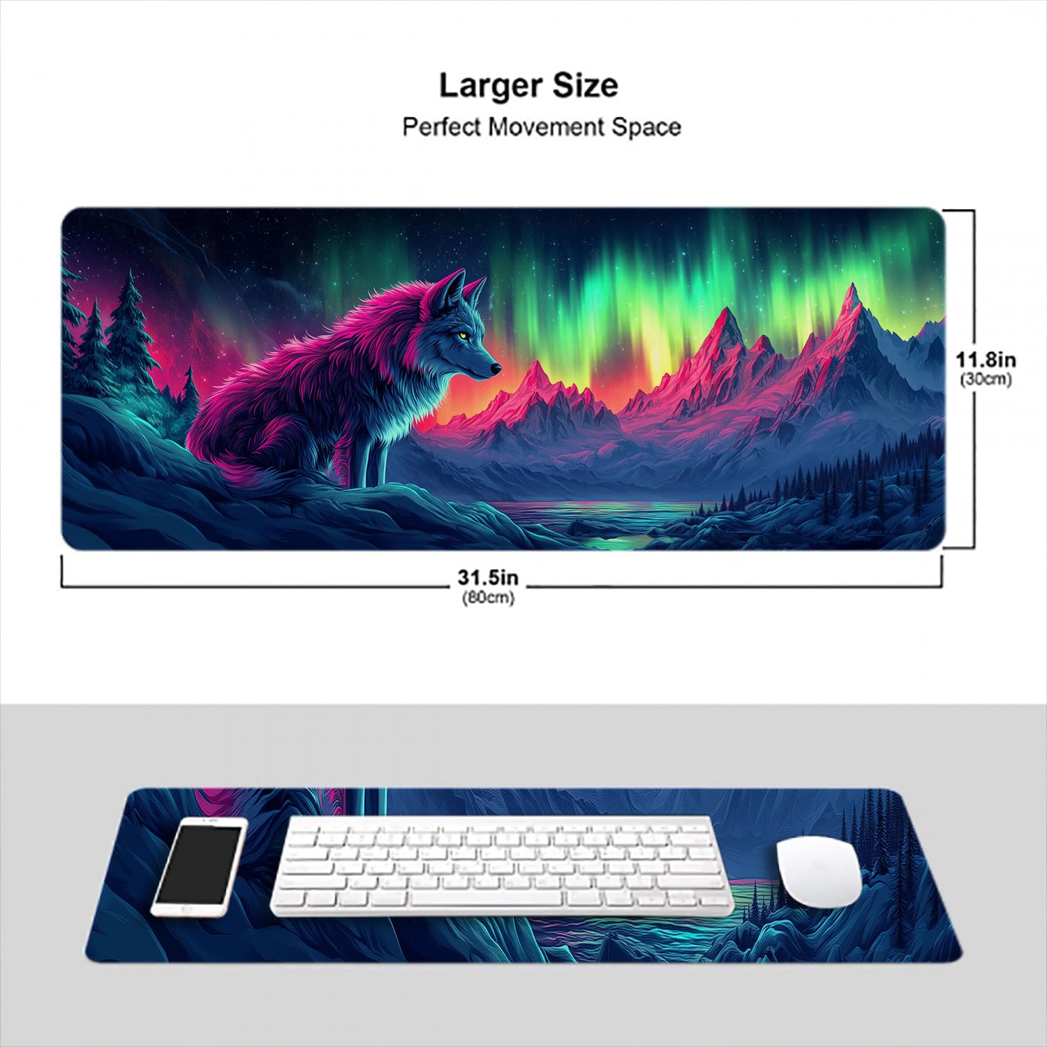 Tappetino da scrivania con lupo colorato Aurora Borealis Mountain Fantasy XL tappetino per mouse grande tappetino per tastiera per computer portatile tappetino da gioco tappetino per mouse 80 x 30 cm