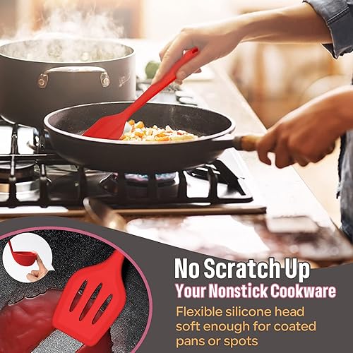 Miniatura 5 de E-far - Juego de utensilios de cocina de silicona, 7 piezas, color rojo, resistentes al calor, herramientas antiadherentes, espátula, cucharón,