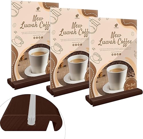 Paquete de 3 soportes acrílicos para letreros en forma de LT, soporte de papel de plástico vertical inclinado con base de madera, soporte de