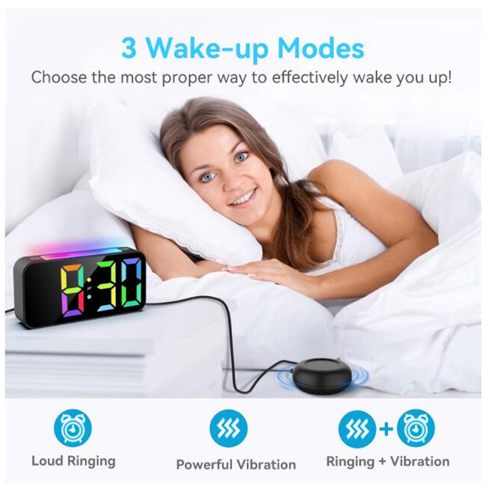 Reloj Despertador Vibratorio con Números Grandes con Pantalla RGB Puerto de Carga USB Reloj Despertador Dual Ruidoso de 100 DB para Personas Mayores con Discapacidad Auditiva Pantalla LED
