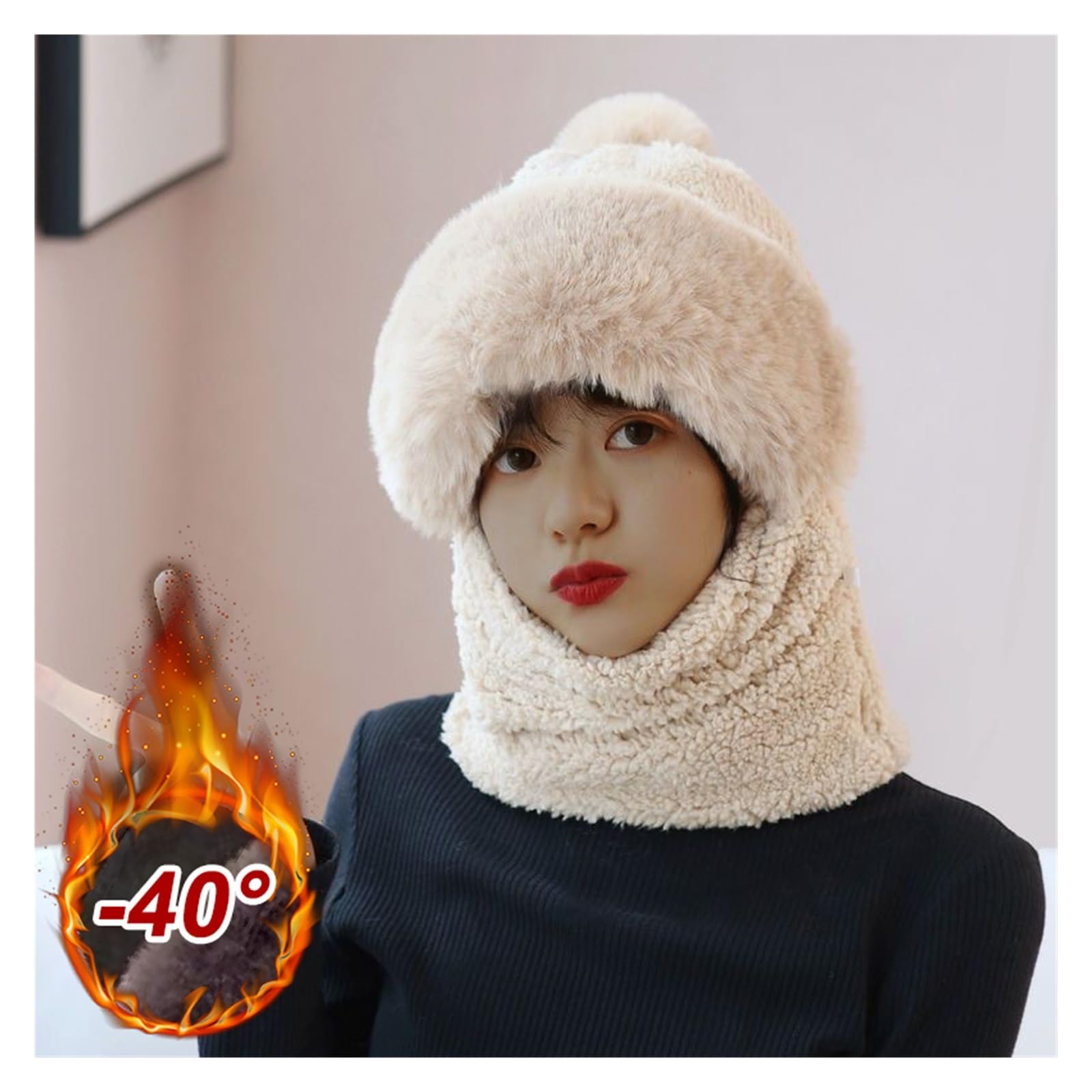 Generisch Winter Scarf Set Hooded for Women Plush Neck Warm Outdoor Ski Windproof Hat Thick Fluffy Beanies(Khaki,4PCS)