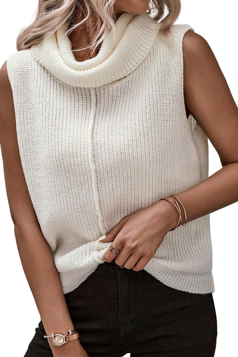 Wolddress Sleeveless Sweaters for Women White Central Seam Cowl Neck Sweater Vest