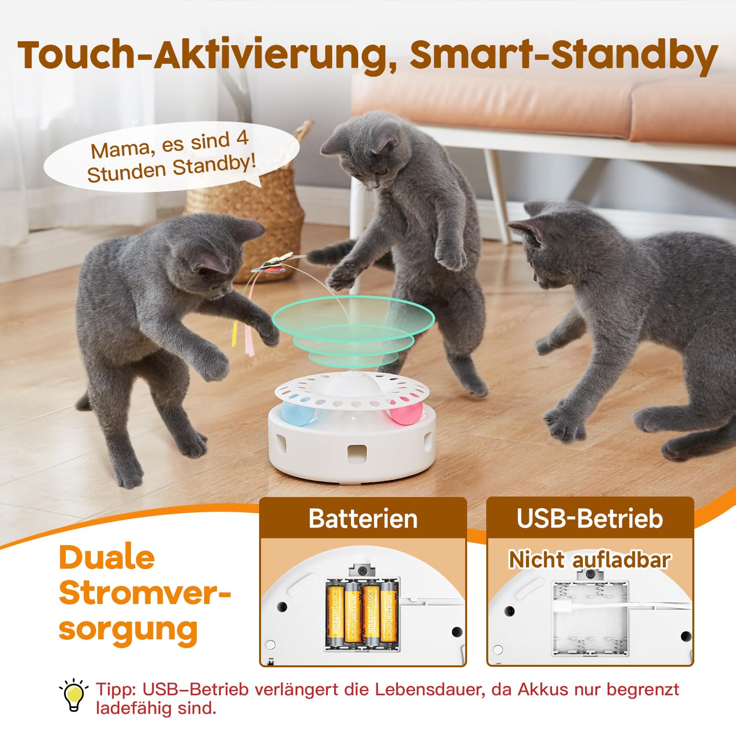 Potaroma 3-in-1 Interaktives Elektrisches Katzenspielzeug – Automatisches Federspiel, Flatternder Schmetterling & Katzenballbahn – USB-betrieben & Batteriebetriebenes für Wohnungskatzen
