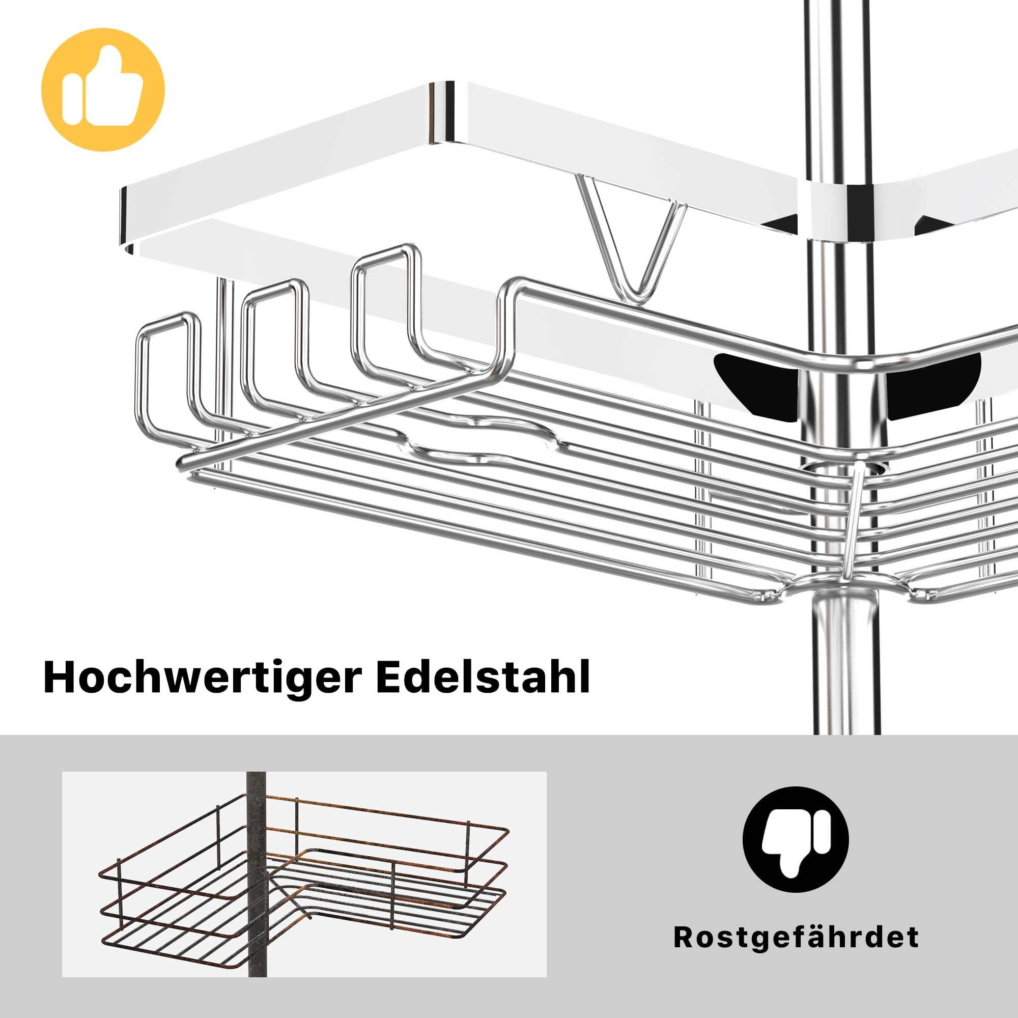 KEGII Teleskop Duschregal Chrome - Duschablage Ohne Bohren 4 Stück | Teleskopregal Eckregal, für Bad und Badewanne, Einfache Montage, Höhenverstellbar, Mit Haken/Seifenhalter/Rasiererhalter
