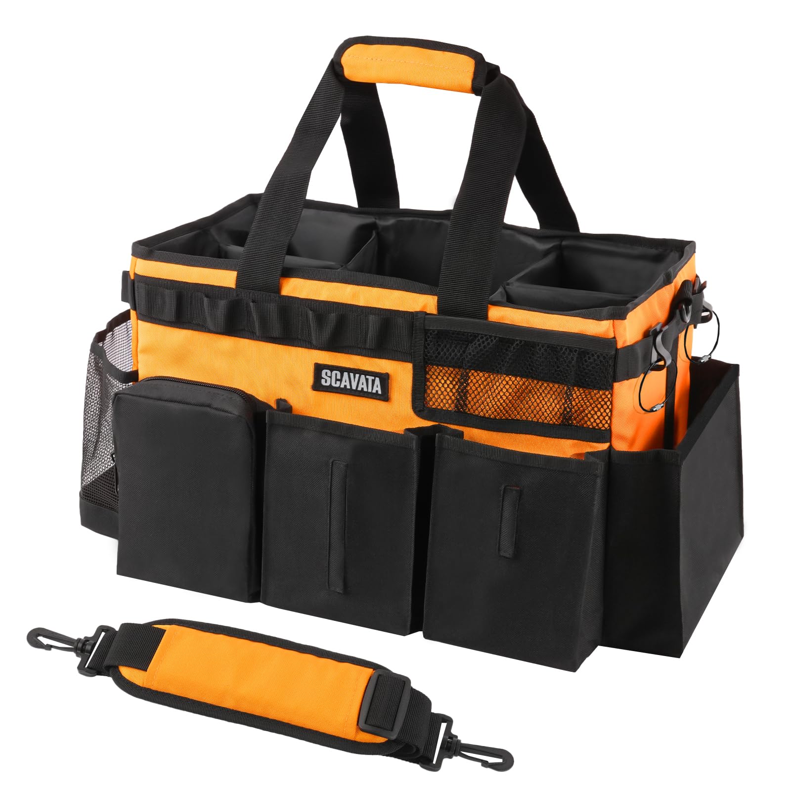 SCAVATA Wearable Cleaning Caddy Bag, Cleaning Caddy Supplies Organizer with Handle & Shoulder Straps for Housekeepers, Under Sink & Car Cleaning Tool Organizers with 4 Foldable Divider (Orange)