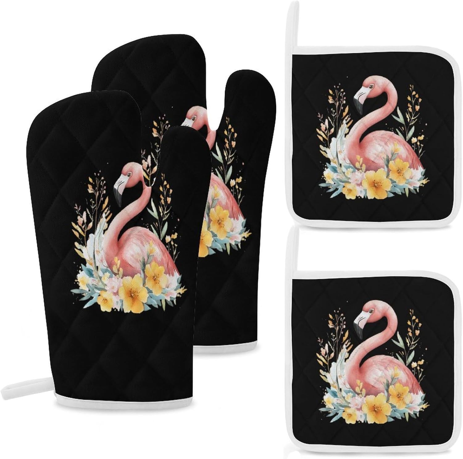 Flamingos in The Floral Bush Oven Mitts and Pot Holders 4Pcs Set Heat Resistant Cooking Mitts Hot Pads
