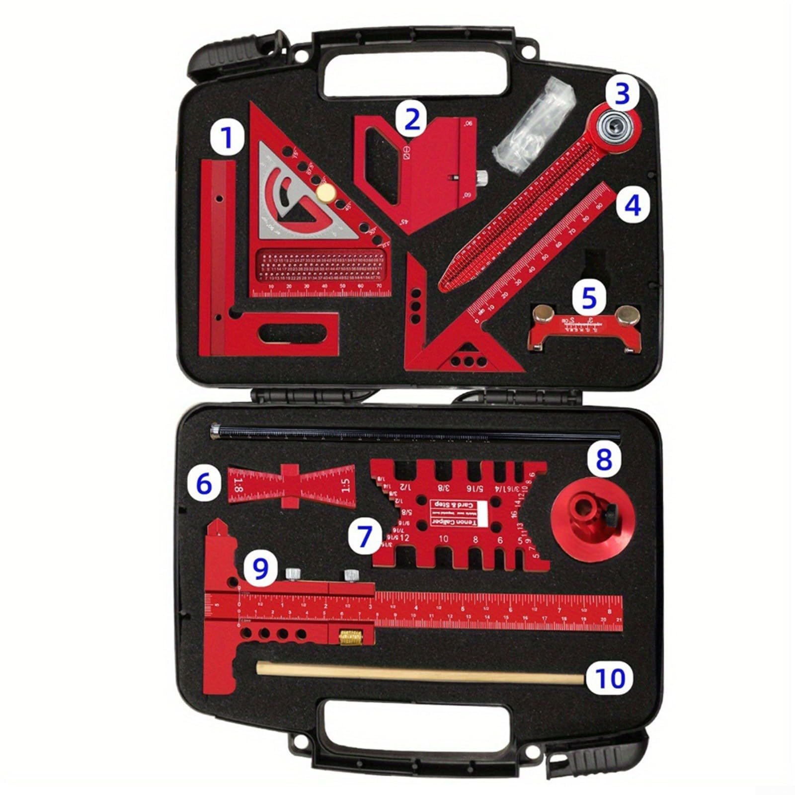 Kit di layout per la lavorazione del legno in lega di alluminio con righello angolare quadrato e scriba centrale, set di misurazione multiuso da 290 mm per falegnameria (10 pezzi)
