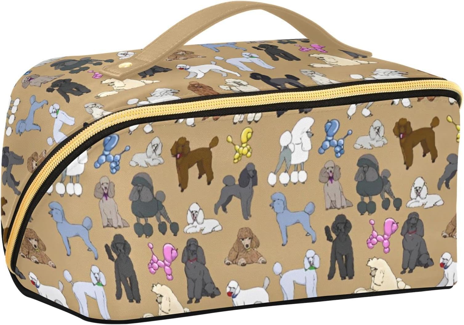 PIHNSDUACartoon Happy Poodle Large Capacity Cosmetic Bag Travel Makeup Bags with Large Opening and Handle Twill Cosmetic Organizer for Women