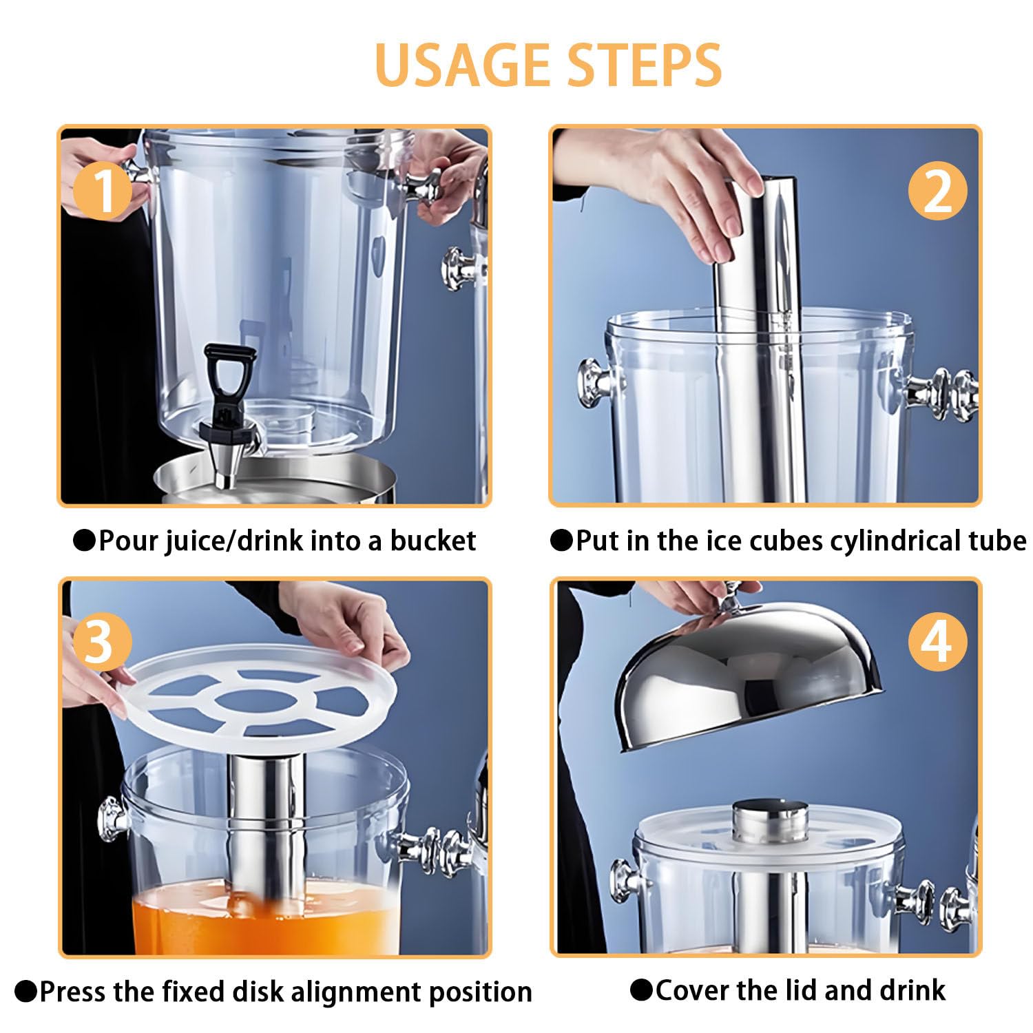 Dispensador de zumos fríos y Calientes, con núcleo Central para Hielo y bandejas antigoteo, Ideal para Fiestas, Pubs, cafeterías, restaurantes, hogares y hoteles. Silver-Threehead