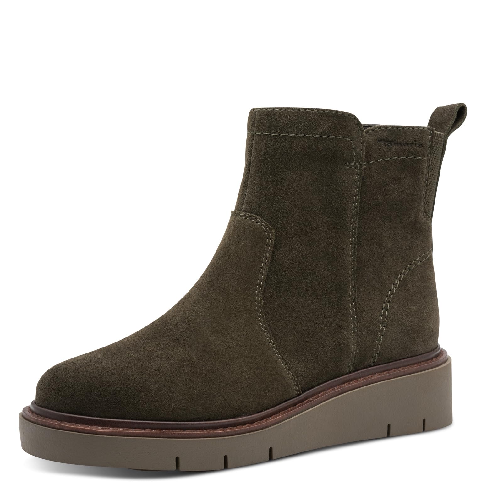 Tamaris Damen WIDE FIT Stiefelette aus Leder Keilabsatz, Olive Suede, 41