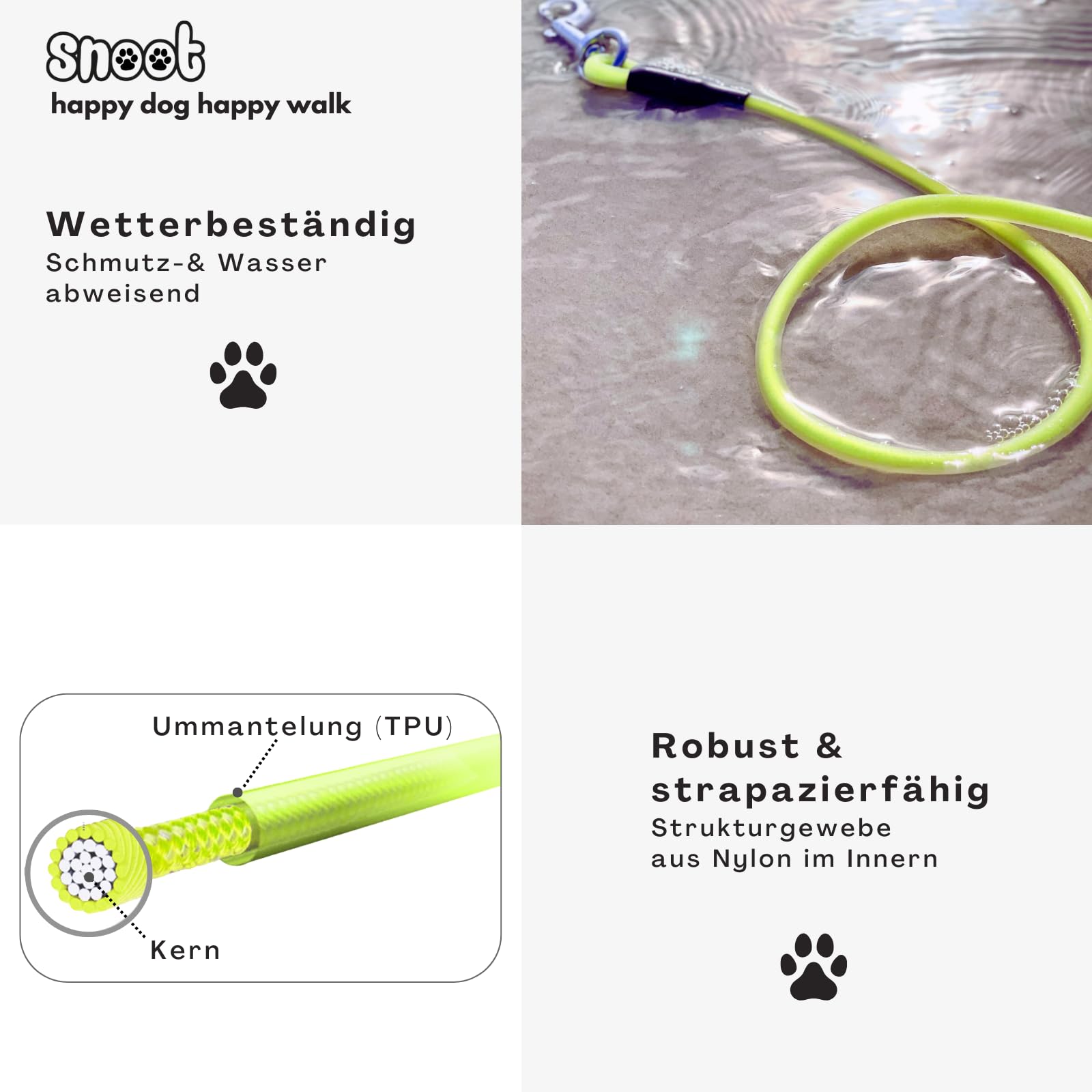 Looplijn voor honden, 15 m, waterdichte hondenriem, ronde lijn zonder lus, veilige vrijloop-trainingslijn, neon-geel, tot 35 kg