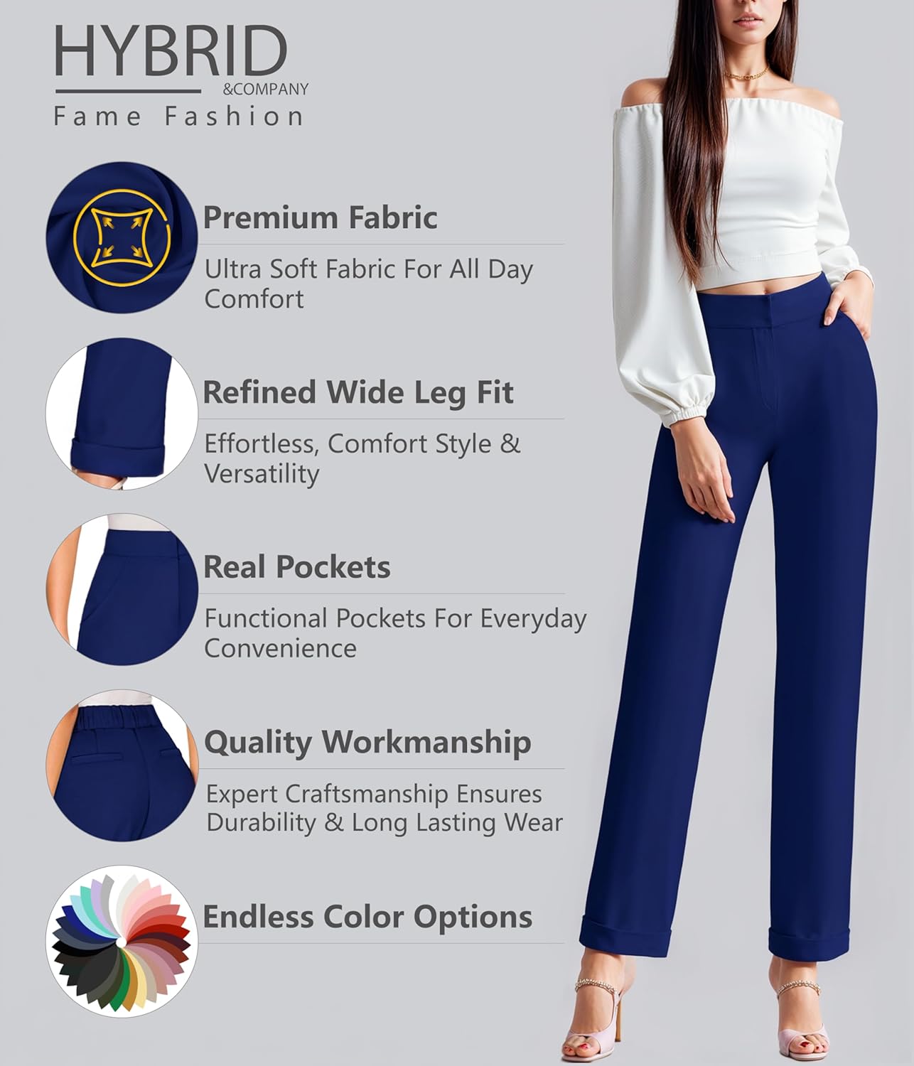 Hybrid & Company Womens High Waist Refined Straight Leg Fit Pants Business Casual Trousers with Pockets - Image 4