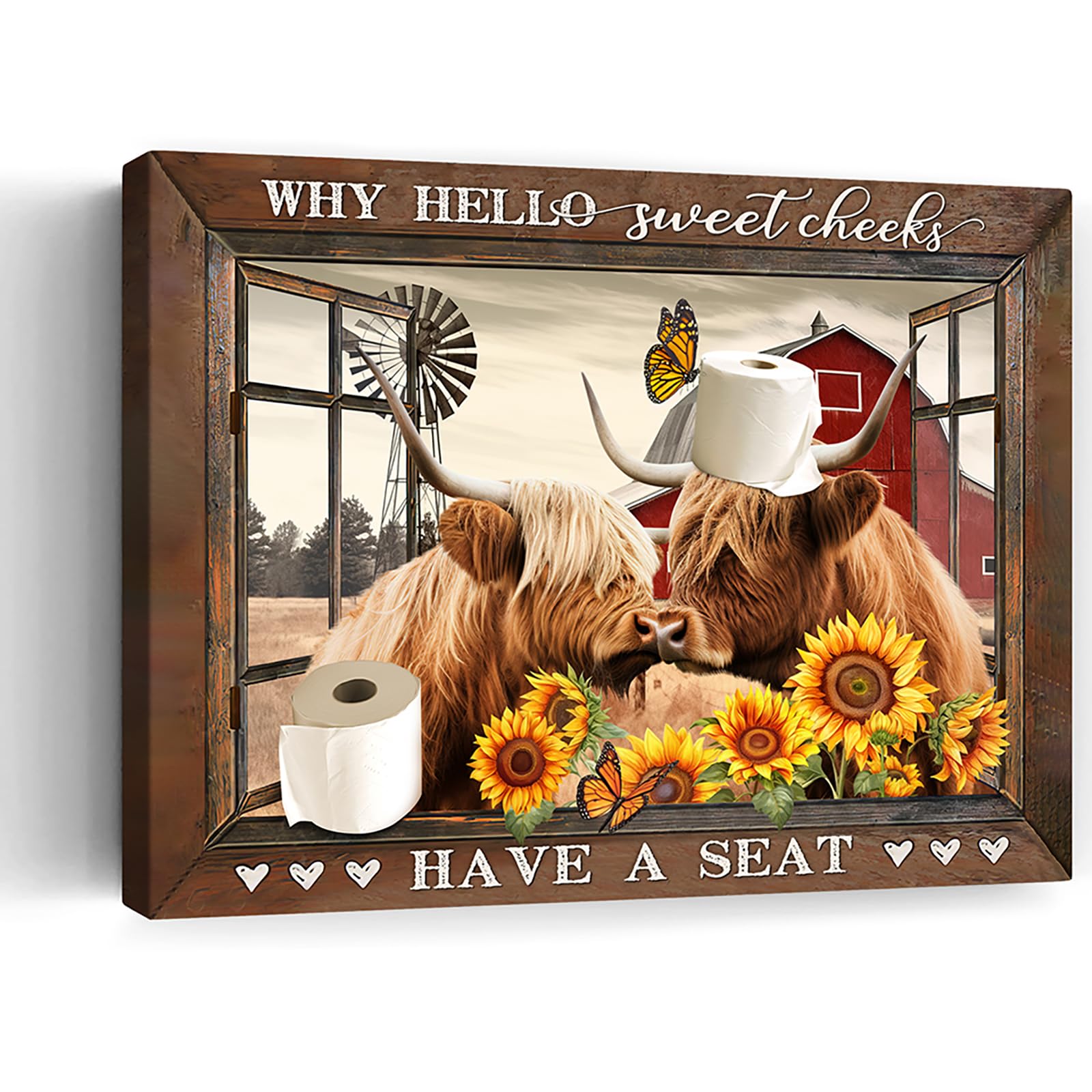 Farmhouse Rustic Highland Cow Bathroom Decor Wall Art Country Sunflowers Cow in Window Picture Wall Decor Cattle Red Barn Windmill Canvas Print Framed Artwork for Bedroom Living Room 16"x20"