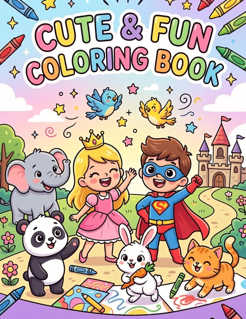 Cute & Fun Coloring Book for All Ages: Adorable Cartoon Characters, Princesses & Cute Animals | Relaxing and Easy Coloring Pages for Kids, Teens & Adults
