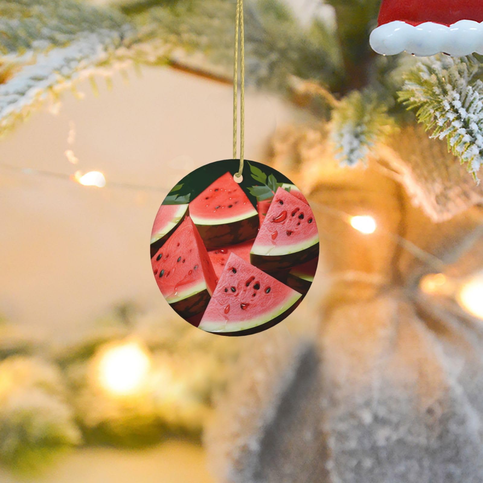 Christmas Ornaments for Christmas Tree Decoration Ceramic Hanging Ripe Watermelon Slice Seeds Ornament with Gold Ribbon Crafts Round Pendant for Keepsake Gifts Glass Xmas Decor Party Supplies