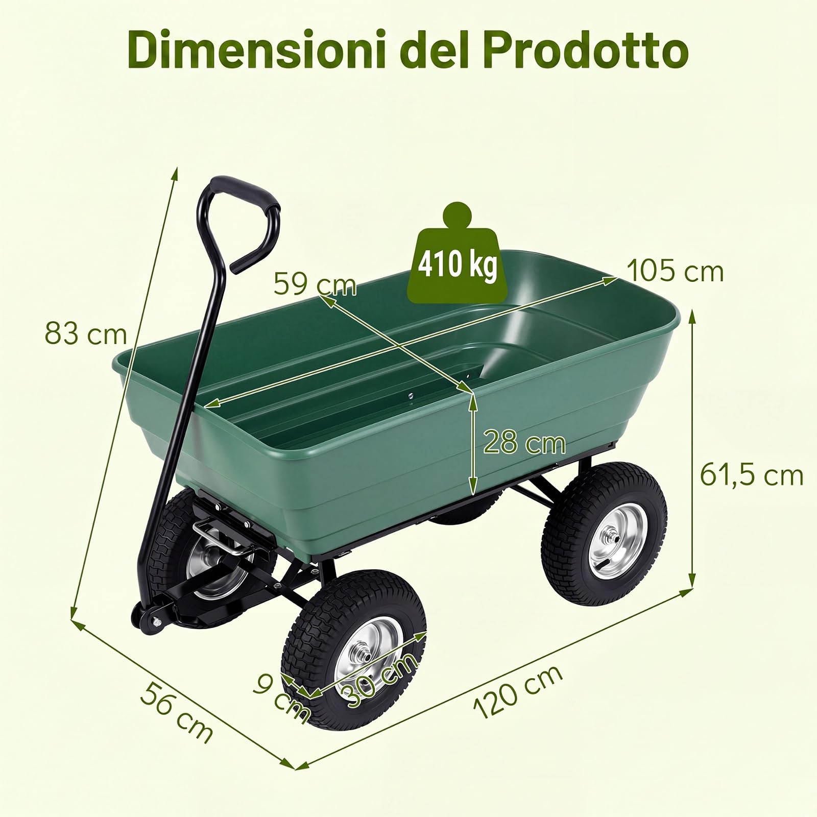 COSTWAY Carriola da Giardino 125 L, Carrello da Giardino in Metallo con Vasca Ribaltabile, Manico Regolabile e Ruote Pneumatiche, Carrellino da Giardinaggio per Giardino e Cortile, Portata 410 kg