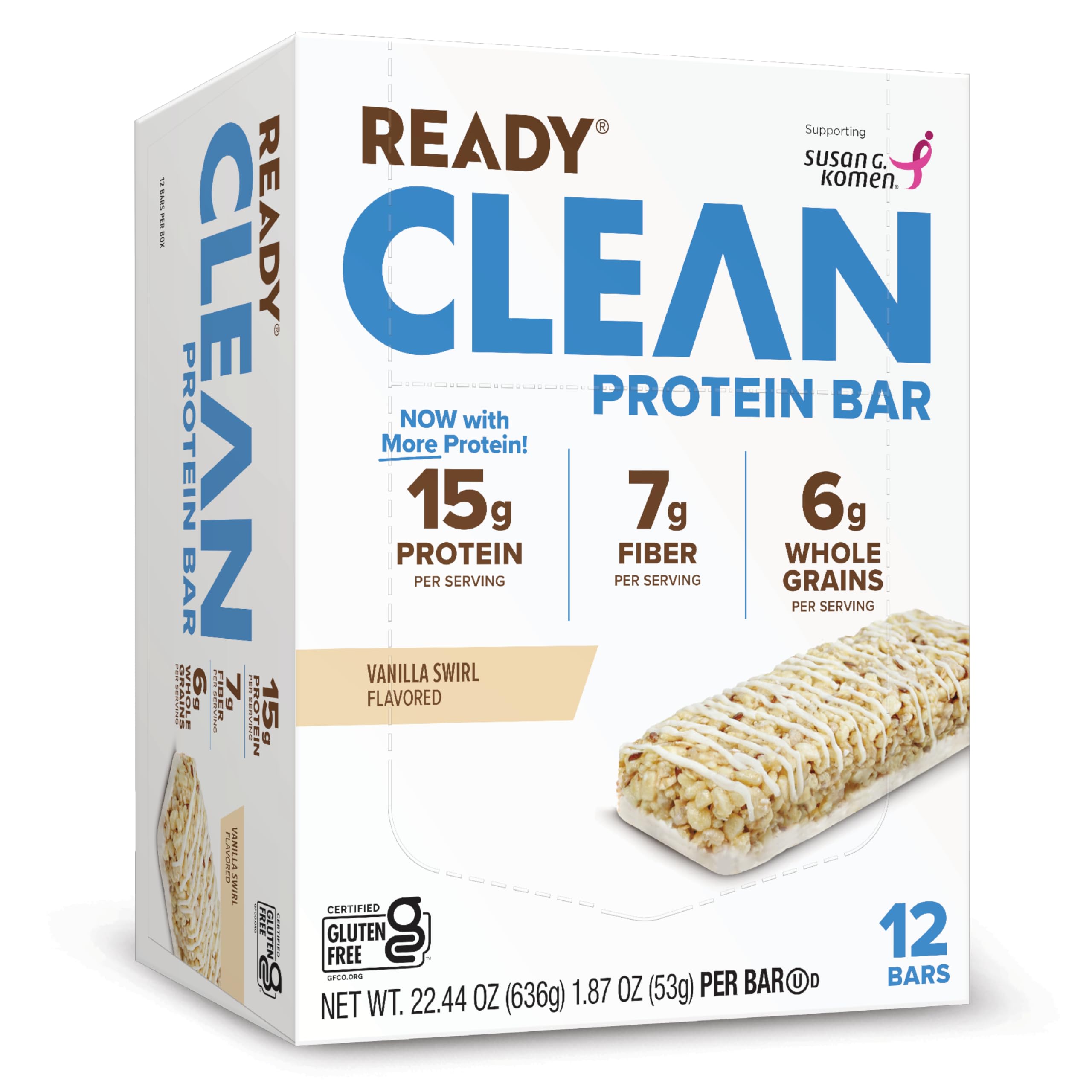 Ready Protein Bar, 12G Protein, 7G Fiber, 6.5G Whole Grains, Non-GMO, Swirl Vanilla, 1.8 Oz, Pack of 12