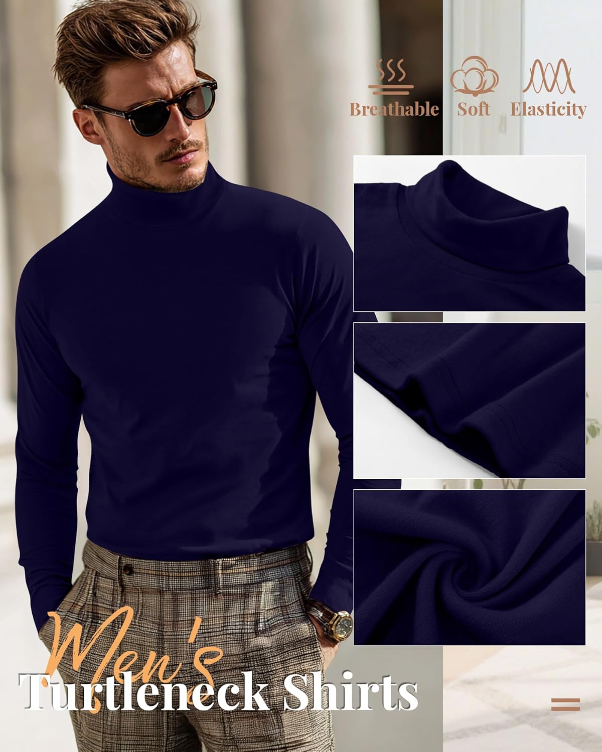 Ficerd 3 Pack Men's Turtleneck Shirts, Long Sleeve Cotton Pullover Sweaters Mock Neck Knitted T-Shirt Basic Slim Fit Tops - Image 4