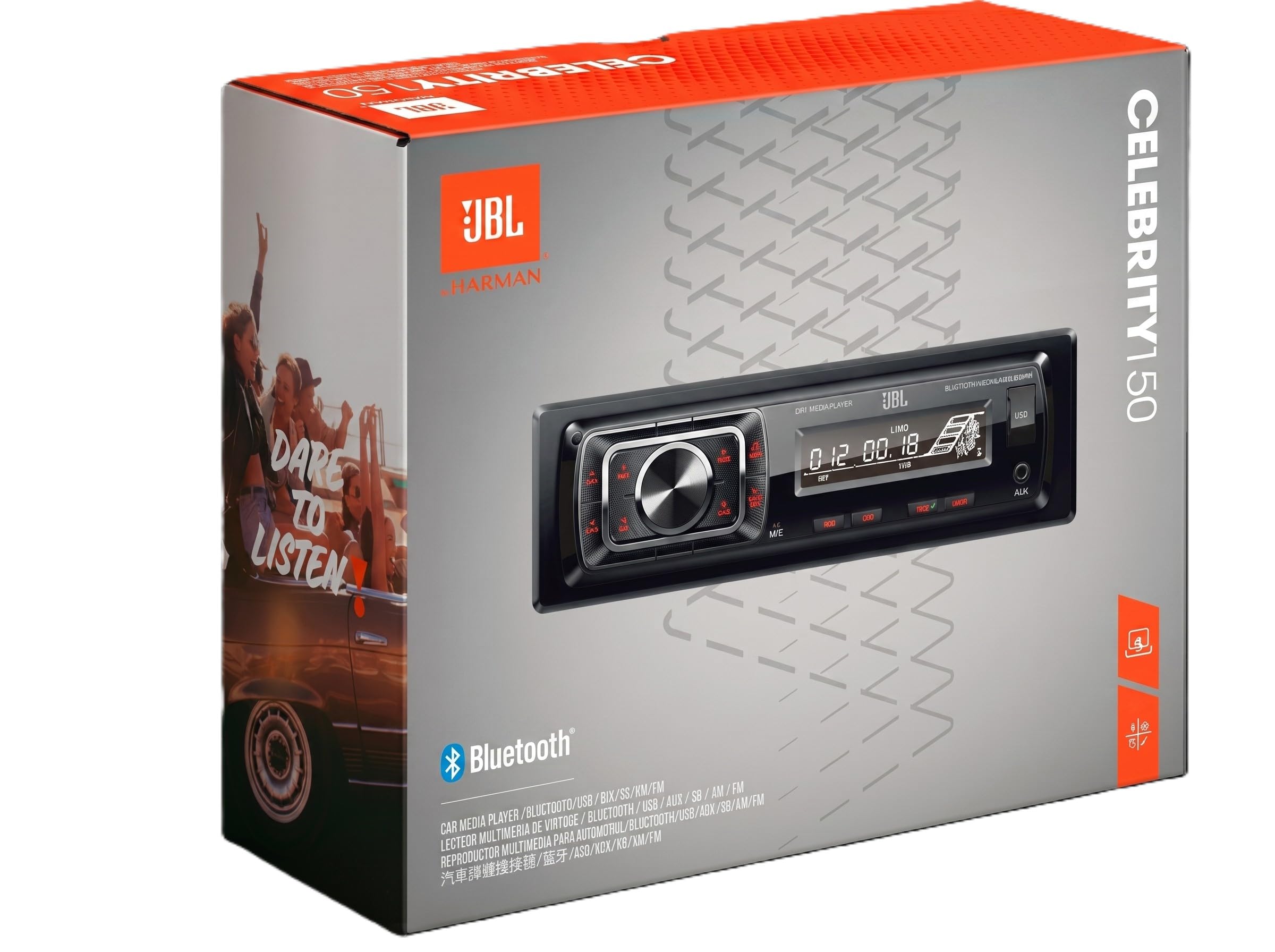 JBL Celebrity 150 Radio Coche Bluetooth por Harman Kardon Am/FM Auto Radio | 1 DIN Universal con Pantalla Desmontable y función de Manos Libres Coche Bluetooth, 4x50W, USB, SD, AUX y 2 Salidas RCA