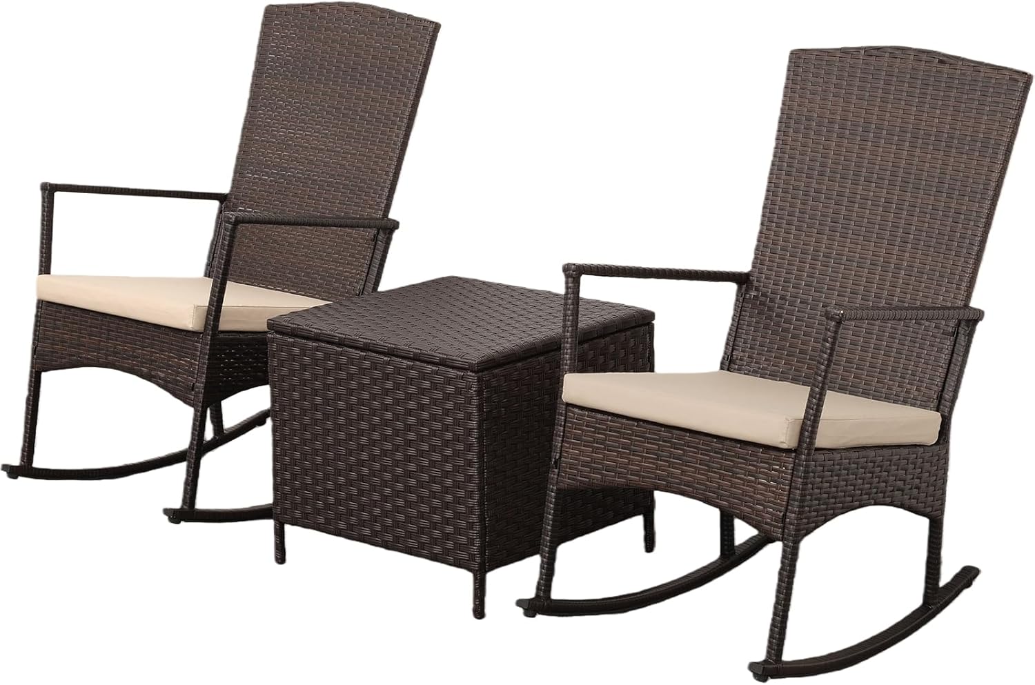 Outdoor PE Wicker Rocking Chair 3-Piece Patio Rattan Bistro Set 2 Rocker Armchair and Glass Coffee Side Table Furniture Washable Lacing Khaki Cushions
