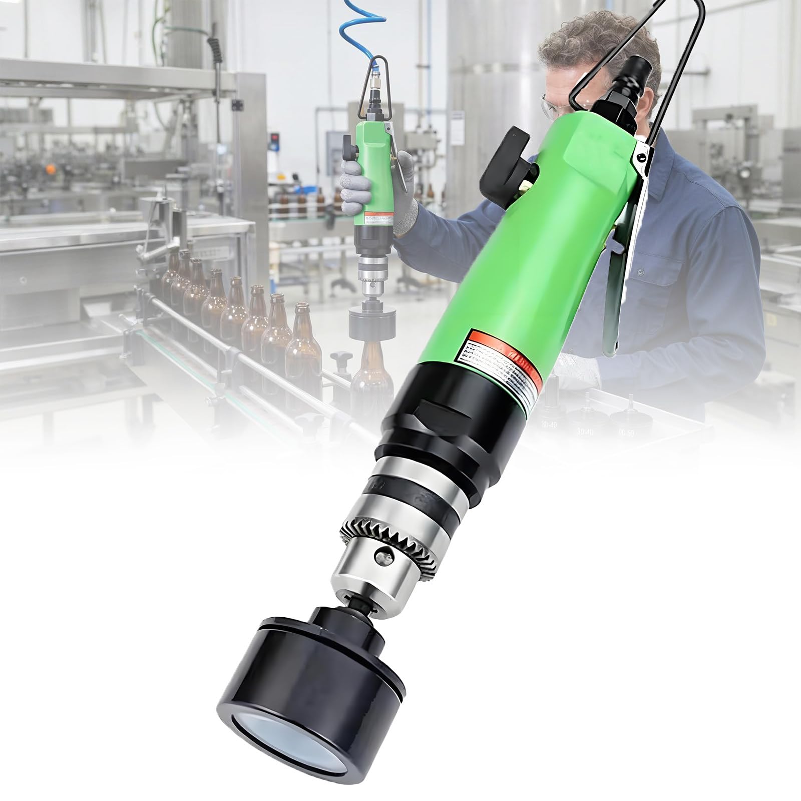 MiyKom Pneumatic Hand-Held Bottle Capper Machine 2500 RPM Air Powered Capper Tool with 6 Heads for Small and Large Bottles, Reversible Packaging Equipment Process Capping Machine A
