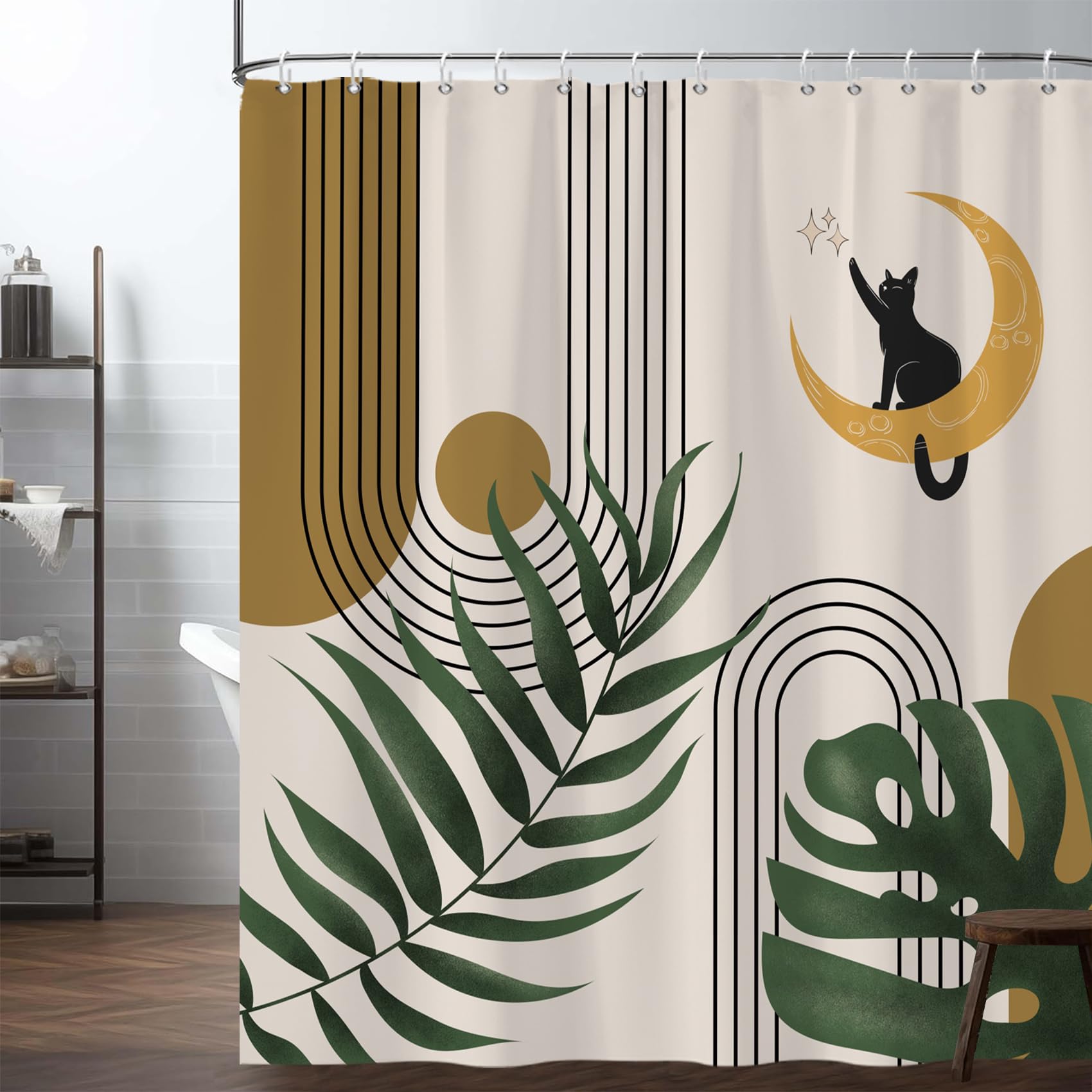 Ttincceer Boho Cortina de Ducha Gato Negro Hojas abstractas Cortina de baño Retro Estética de Mediados de Siglo Cortina Decorativa de baño Cortina de bañera Resistente al Agua Poliéster 180x180cm