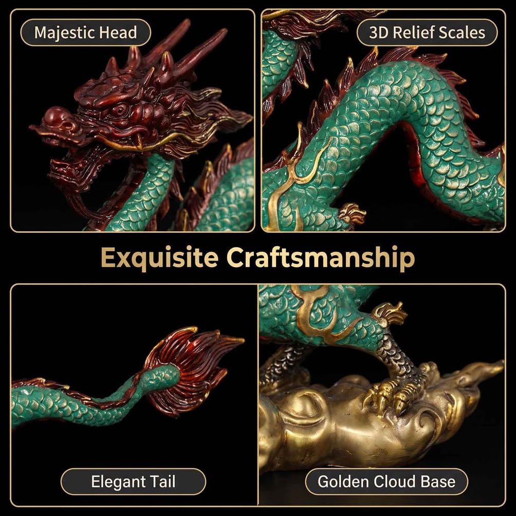 Pure Copper Chinese Dragon Statue,Hand Painted Dragon Feng Shui Sculpture,S