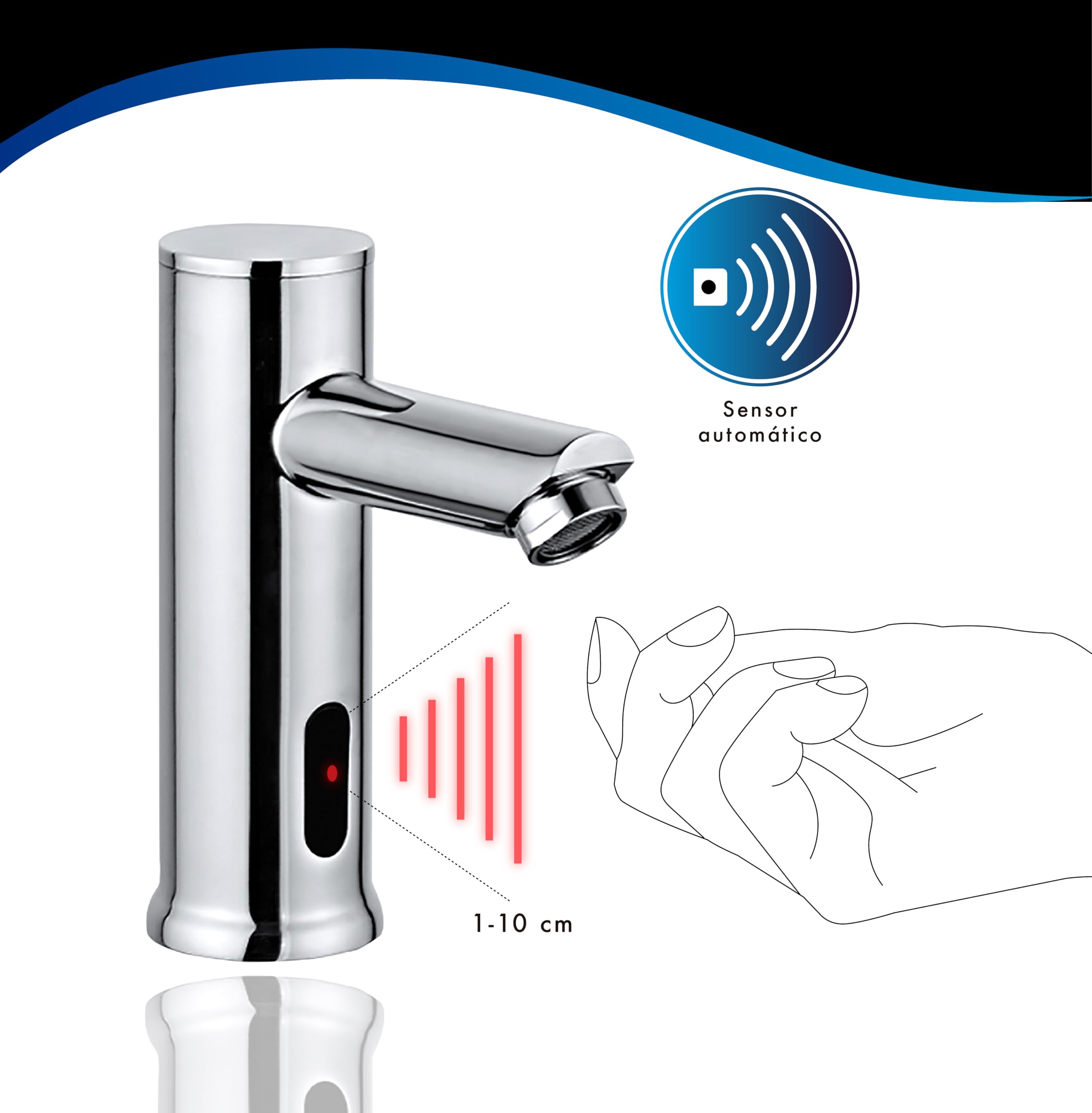 Rubinetto elettronico basso con sensore a infrarossi, senza contatto, 2 acque con premiscelatore regolabile (calda/fredda), ottone cromato – per lavabo bagno