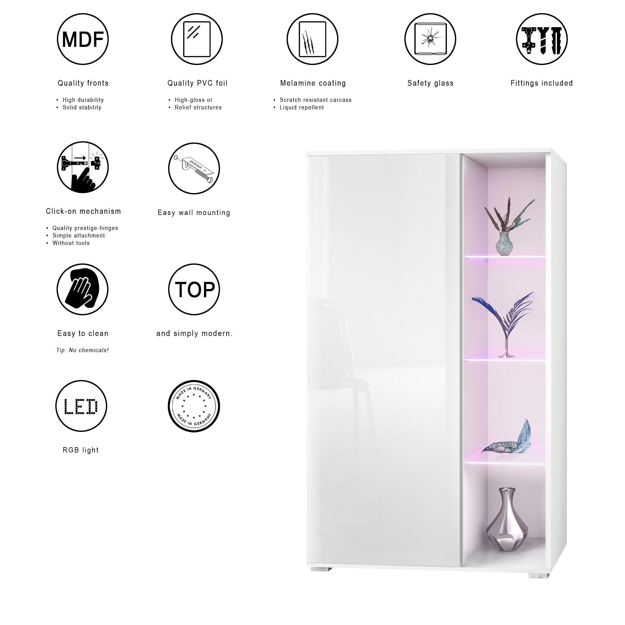 Vladon Vetrina Davos, vetrina indipendente con 3 ripiani in vetro e 8 vani incl. LED, bianco opaco/bordeaux lucido (71,5 x 134 x 35 cm)