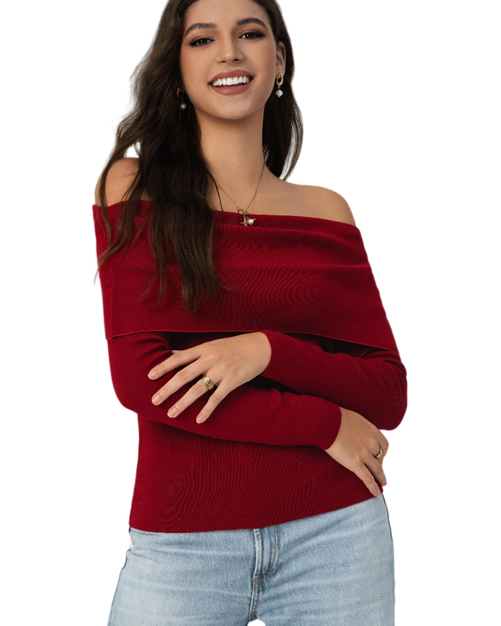 Womens Autumn Sweater 2025 Casual Long Sleeve Off-The-Shoulder Strapless Knitted Sweater Pullover Sweater