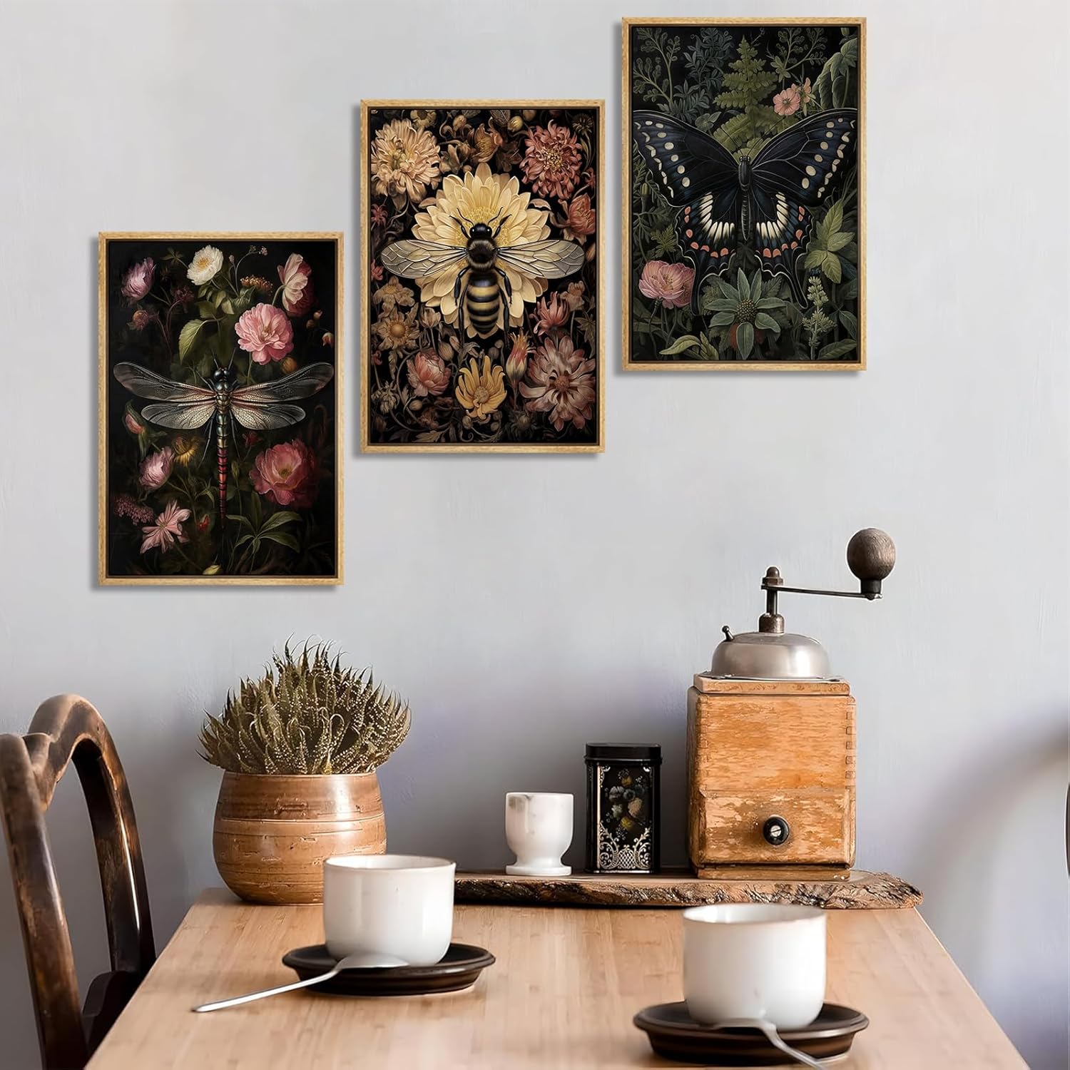 3Pcs Framed Vintage Insect Wall Art Paintings Dark Floral Wall Decor Pictures Dark Academy Dragonfly Butterfly Bee Prints Gothic Moody Artwork for Living Room Gallery Decoration 12x16in
