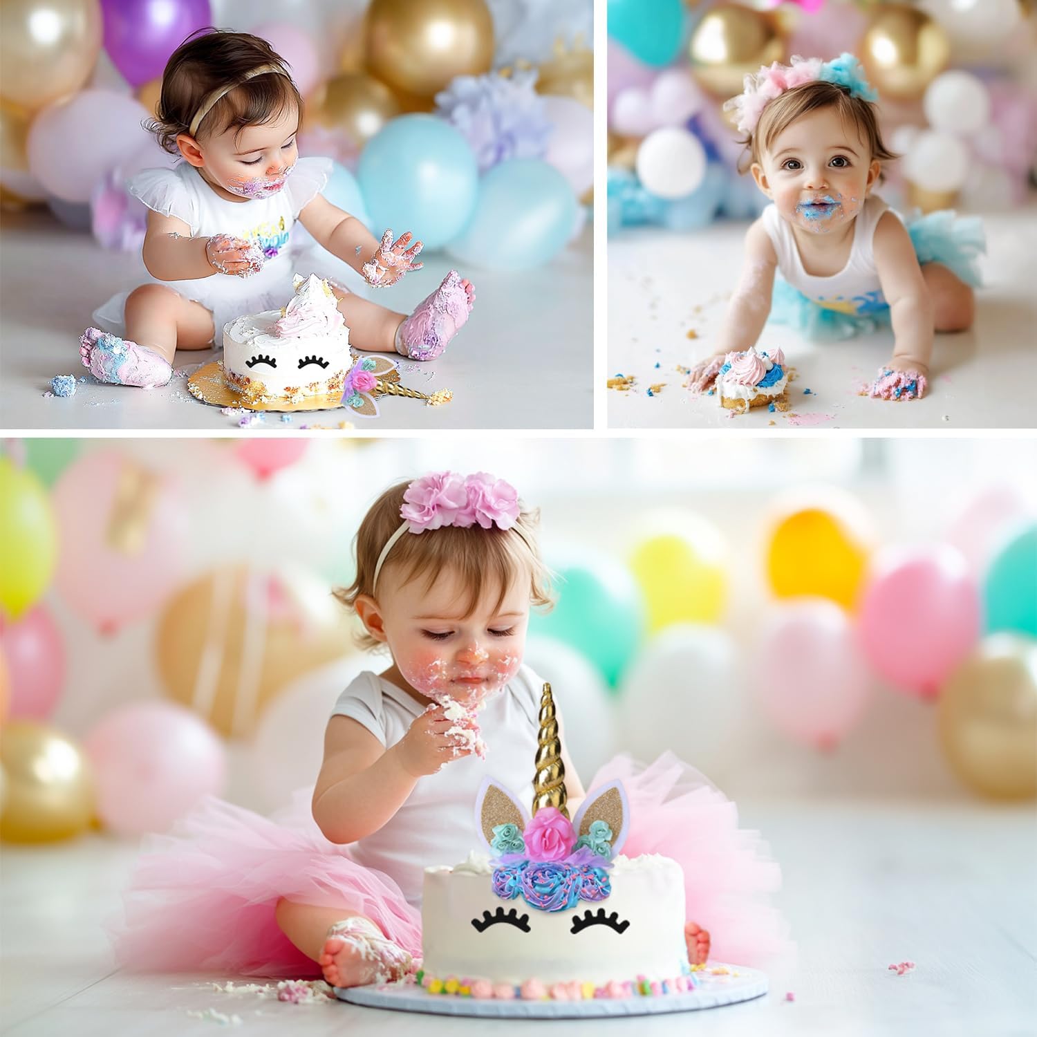Unicorn Cake Topper,Handmade Party Cake Decoration Supplies with Eyelashes and stack,Reuasble Gold Horn for Birthday Party,Baby Shower, Wedding