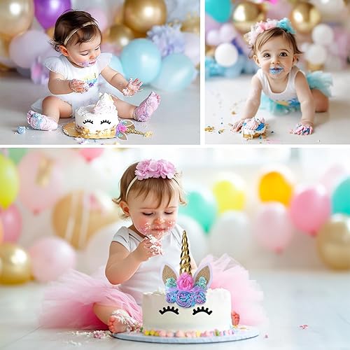 Miniatura 4 de Decoración para tarta de unicornio, hecho a mano, suministros de decoración para tartas con pestañas y pilas, cuerno de oro reutilizable para fiesta