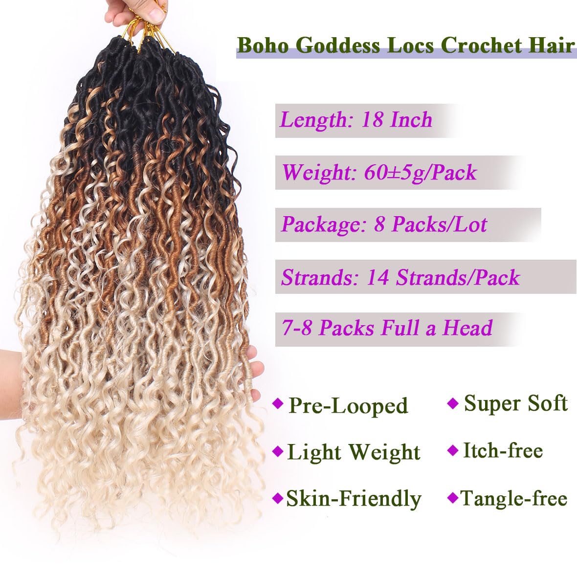 Kachanaa 18 Inch Goddess Faux Locs Crochet Hair for Black Women 8 Packs Pre-Looped River Locs with Curly Ends Ombre Boho Crochet Locs Hair /1B27613# - Image 3