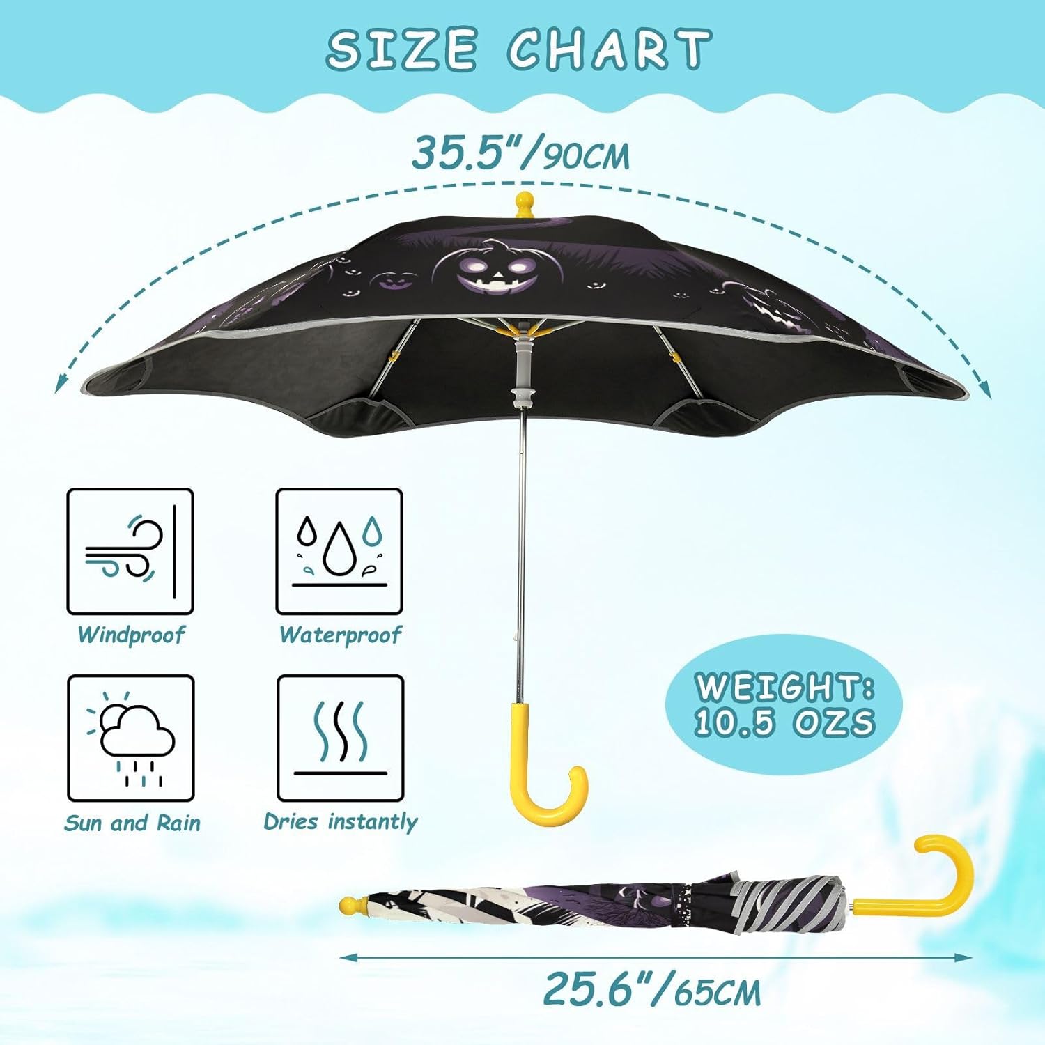 Kids Sun and Rain Umbrella with Rounded Corner Umbrella Rain Windproof, Halloween Witch Pumpkin Funny