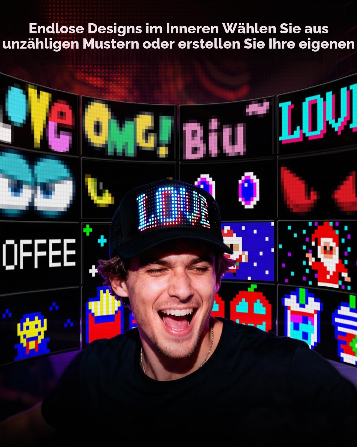 Bright LED Kappe Smarte Bluetooth App-Steuerung, Programmierbare LED Basecap für Custom Text, Muster, Animationen, Karneval & Partys (Tiefschwarz)
