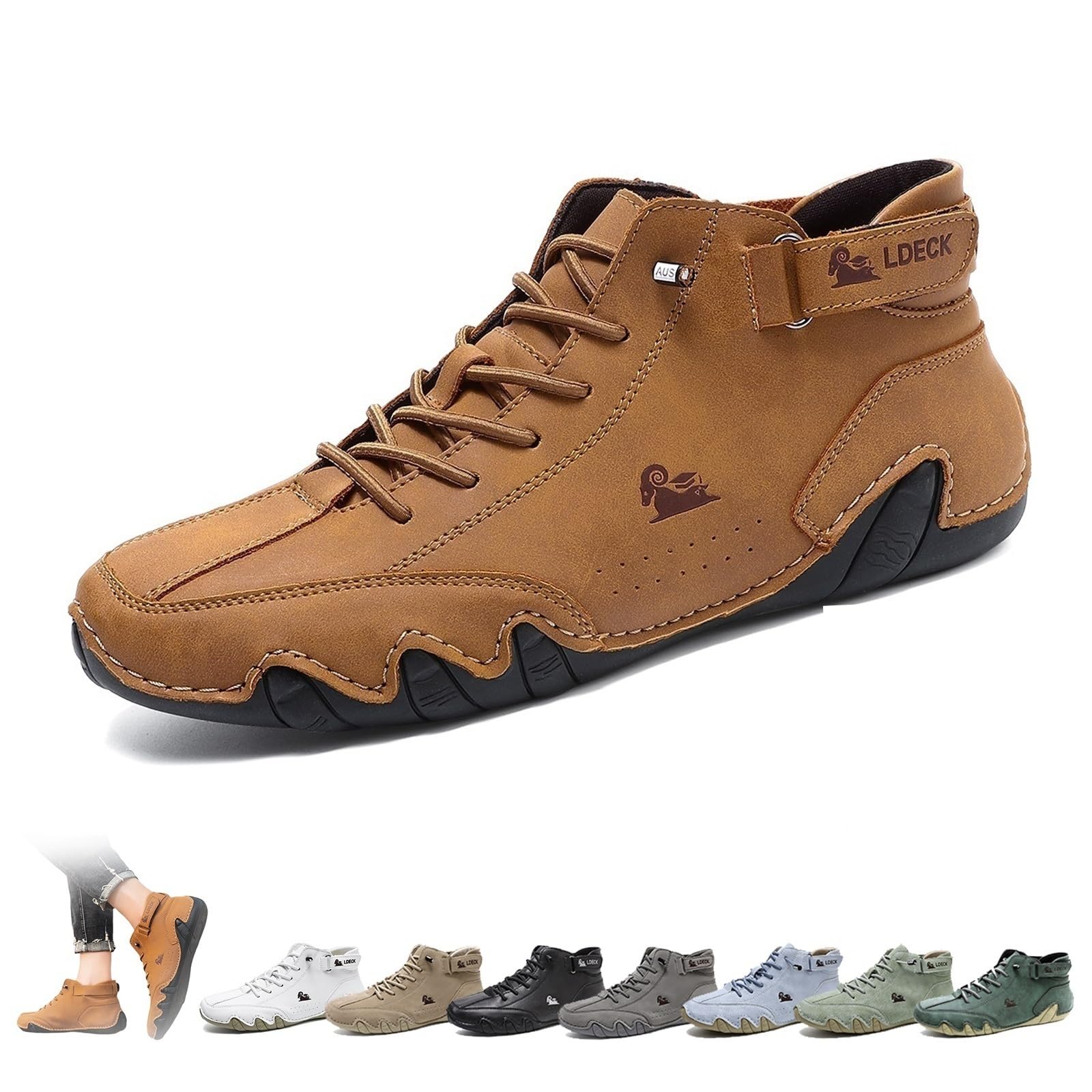 Italienische handgefertigte hohe Stiefel für Herren mit Klettverschluss, Outdoor-Beck-Schuhe, atmungsaktiv, rutschfest, lässig, barfuß, zum Gehen, Wandern, Fahren, Chukka-Stiefel(Braun,42 EU)